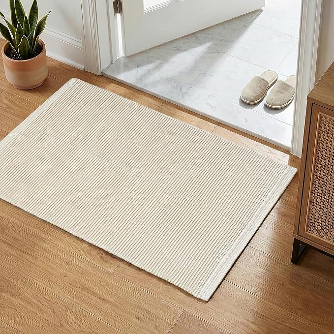 THE BEER VALLEY Woven Entryway Rug 2x3 Feet - Ivory | Non Slip Kitchen Indoor Throw Door Mat for Bedroom, Washable Outdoor Low Pile Patio Cream Rugs
