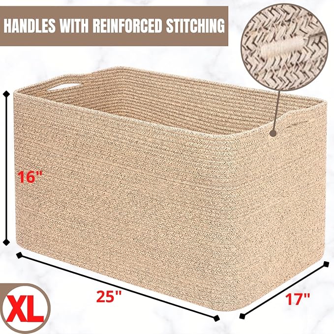 MINTWOOD Design 112L Extra Large Blanket Basket Holder Living Room, 25"x17"x16" Rectangle Rope Woven Storage Basket with Handles for Laundry, Towels, Shoes, Dog Toy Organizer Bin Box, Oatmeal Brown