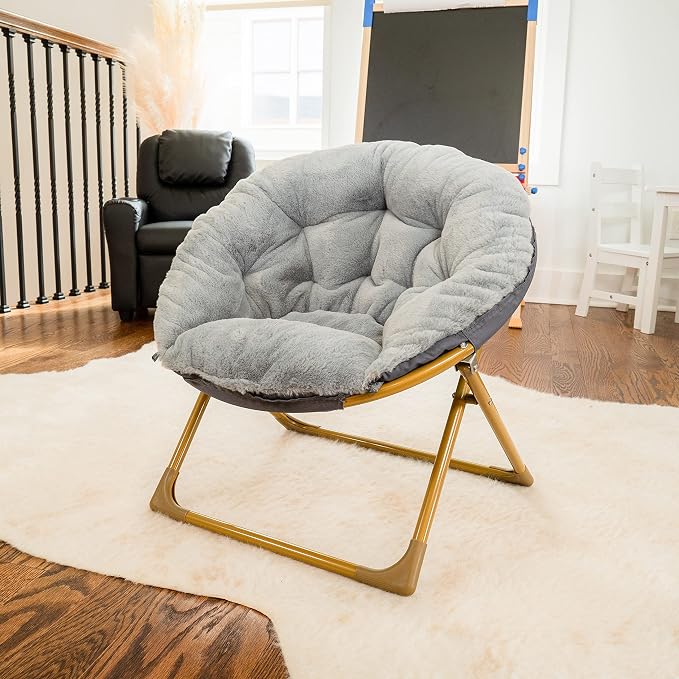Flash Furniture Kids 23 Inch Folding Saucer Chair, Gray | Soft Gold Frame, Portable