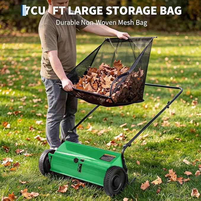 Heavy Duty 26-Inch Push Lawn Sweeper – 4 High-Speed Spinning Brushes | Durable Steel Frame, 7 Cu. Ft. Removable lawn mower, Ideal for Leaf & Grass Collection on Yard, Garden, Patio, Driveway –