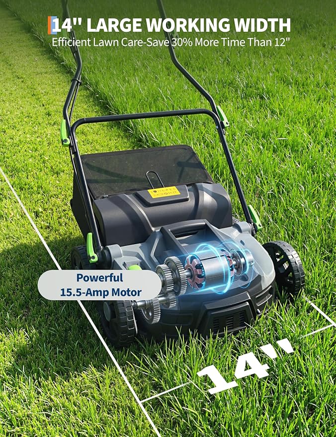 Electric Lawn Dethatcher Scarifier 15.5 Amp, 14-Inch Corded Dethatcher with 14.5 gal Collection Bag, 5-Position Depth Adjustment, 2-in-1 Aerator with Carbon Steel Blades for Spring Fall Lawn Care