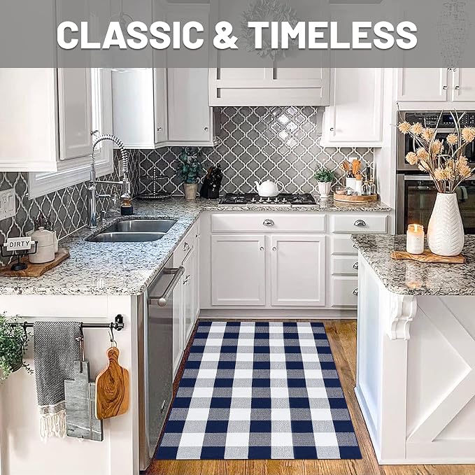 IOHOUZE Buffalo Plaid Checkered Rug 3x5 Ft Front Door Mats, Washable Area Rugs for Front Porch Decor, Spring Summer Welcome Mats Outdoor, Navy White Rug for Farmhouse/Entryway/Home Entrance