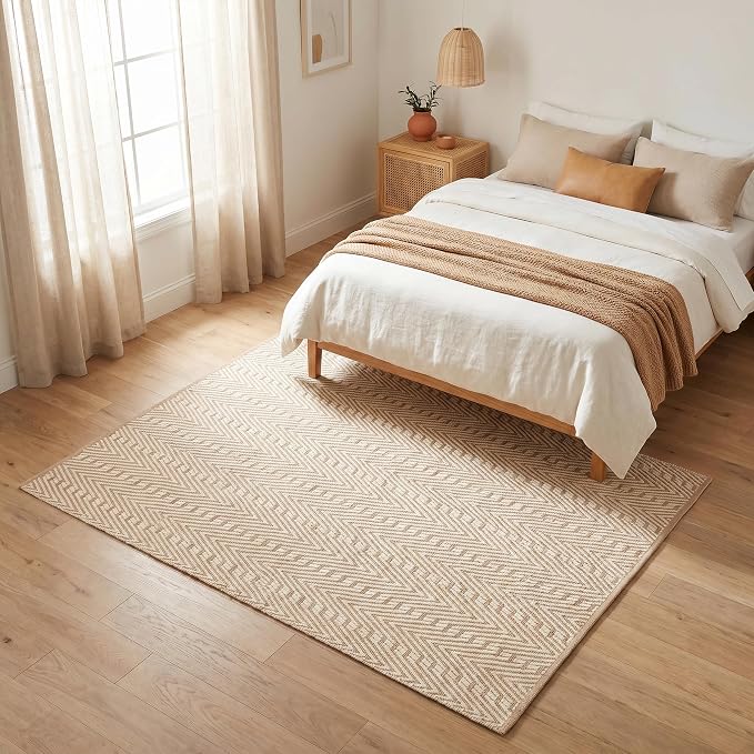 THE BEER VALLEY Jute Cotton Geometric Area Rug 5x7 Feet - Natural White | Large Boho Neutral Fiber Rugs for Living Room, Easy Care Ivory Beige Dining Décor Carpet