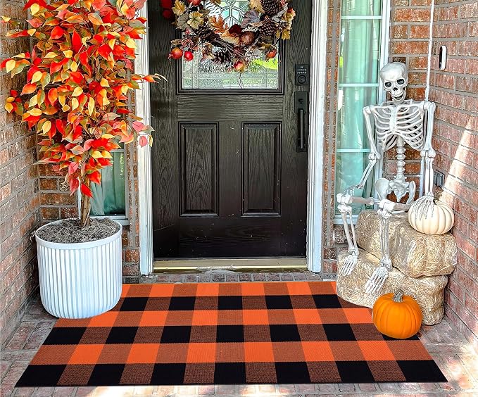 Orange and Black Outdoor Rug 24''x51''Fall Front Porch Rug Cotton Woven Washable Checkered Door Mat Outdoor for Layered Doormat Halloween Kitchen Farmhouse Entryway