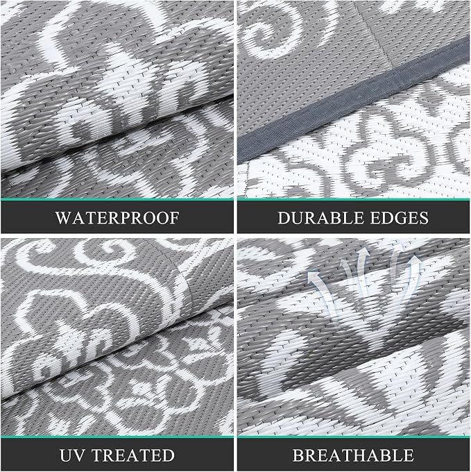 Pauwer Waterproof Outdoor Rug 8x10, Reversible Plastic Straw Patio Camping Rug, Indoor Outdoor RV Mat Carpet for Deck, Camper, Porch, Balcony, Backyard, Picnic, Floral Grey | Reversible Patio Rug, UV Resistant Indoor Outdoor RV Mat Carpet For Deck, Cam...