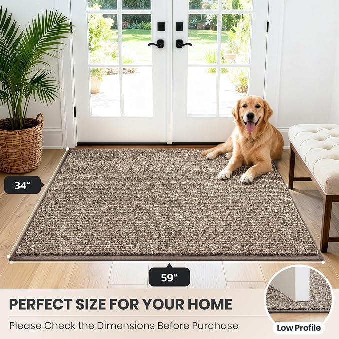 PURRUGS Dirt Trapping Door Mat 34" x 59", Non-Slip Machine Washable Entry Rug, Entrance Mat, Indoor Front Door Mat, Super Absorbent Entryway Rug for Muddy Shoes & Paws, Heathered Beige