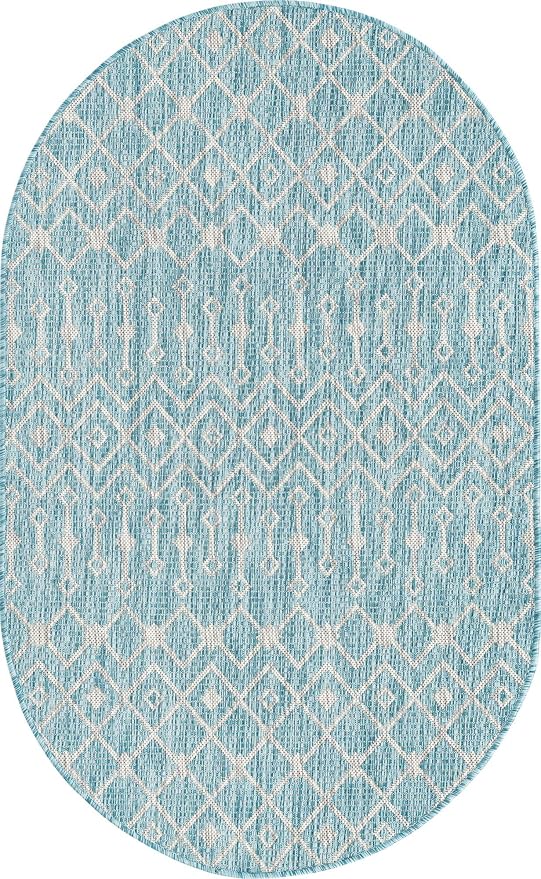 Unique Loom Outdoor Trellis Collection Area Rug - Tribal Trellis (3' 3" x 5' 3" Oval, Aqua/ Ivory)