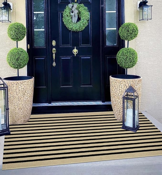 Front Door Mat Outdoor 24"x51",Tan and Black Striped Porch Rug Cotton Woven Washable Indoor Outdoor Layered Doormat Farmhouse Small Area Rug for Porch/Entryway/Home Entrance Decor