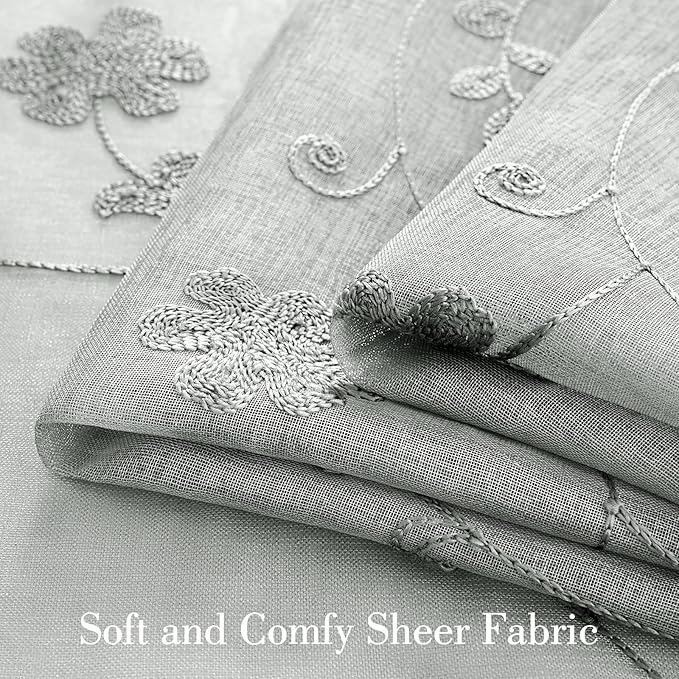 HOMEIDEAS Grey Sheer Curtains 96 Inches Long 2 Panels Embroidered Floral - Image 3