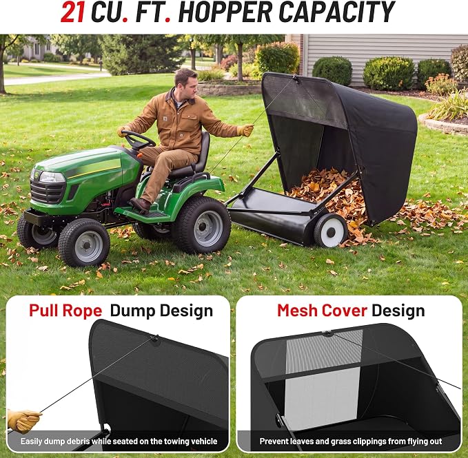 Suchtale 42 Inch Tow Behind Lawn Sweeper with 20 Cu Ft Hopper | 42 Inch Sweeping Path, 20 Cu Ft Hopper, Adjustable Brush Height, Dumping Rope, Steel Frame, Lawn Mower Attachment, Cleanup