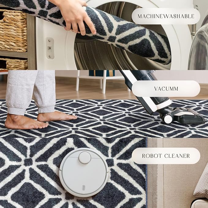 Maples Rugs Moderna Geometric Area Rugs – Made in USA – Washable, Non Slip Indoor Carpet for Entryway, Foyer, Kitchen, and Bathroom, 20" x 34", Dark Blue