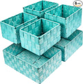 Storage Baskets with Lids: 6 Pack Stackable Woven Storage Bins, Aqua | Decorative Woven Baskets for Organizing with Built-In Handles for Shelves, Closets, Cabinets and Cubbies, Gift Small Basket