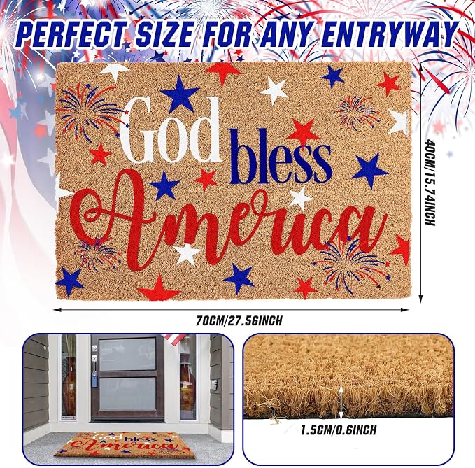 Ceenna 4th of July Patriotic Coir Door Mat Outdoor Red White Blue God Bless American Welcome Rug Patriotic Doormat Non-Slip Entrance Rugs for Independence Day Memorial Day Home Decor 16 x 28 Inch
