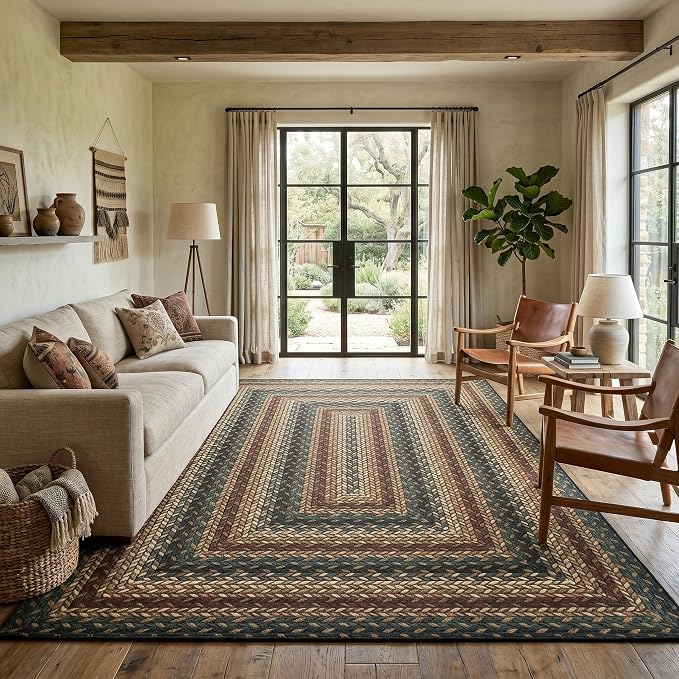Garvee Braided-Print Washable 9x12 Living Room Rug Non Slip Ultra-Thin Neutral Rug Indoor Outdoor Easy Jute Rugs Foldable Non-Shedding Farmhouse Carpet for Bedroom Kitchen Porch Patio Deck Rust/Black