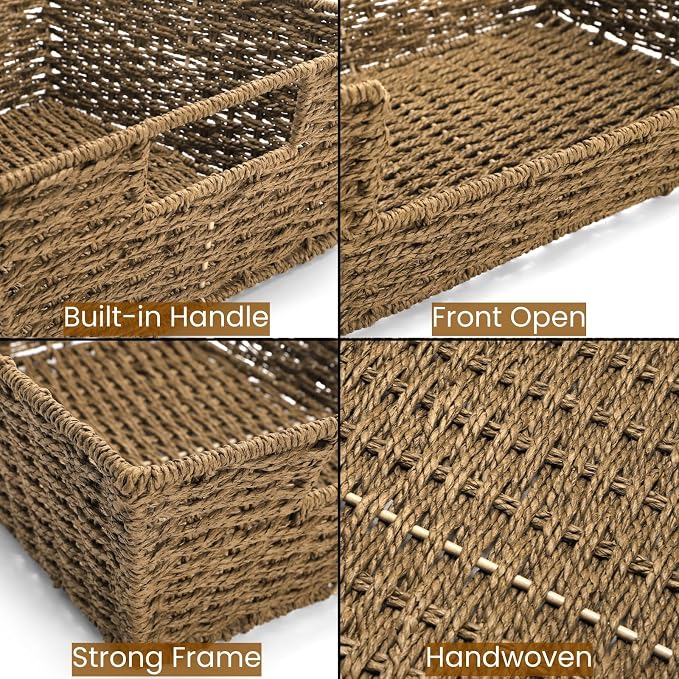 2 Pack Open Front Storage Baskets | Brown Paper Rope Woven Basket with Built-in Handles, 13''L x 10''W x 5''H Pantry Organzier Bins for Shelf, Bedroom, Pantry