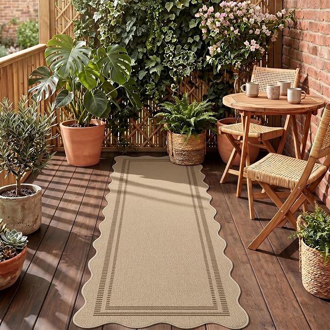 Tribesigns Scalloped Easy Jute 2x6 Kitchen Runner Rugs Non Skid Washable, Tan/Striped Low Pile Runners for Hallways, Farmhouse Indoor Outdoor Carpet for Laundry Porch Entryway