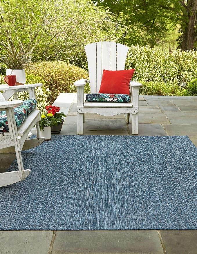Unique Loom Outdoor Solid Collection Area Rug (10' Square Blue/Navy Blue) | Modern Solid rug, stain and water resistant, doesn't shed, easy to clean, kid and pet friendly, indoor/outdoor, flatweave.