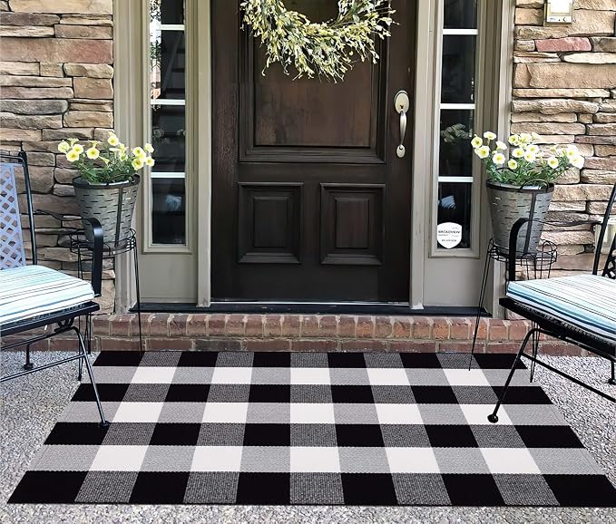 Black and White Layered Doormat 27.5''X 43.3''Checkered Outdoor Rug Cotton Woven Washable Door Mats Outdoor for Welcome Hello Door Mat Porch Entryway Bedroom Living Room