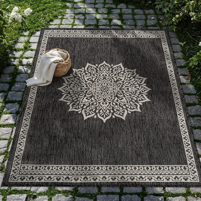 CAMILSON Outdoor Rug 5x7 Medallion Darkgray Modern Area Rugs for Indoor and Outdoor Patios Kitchen and Hallway Mats Washable Porch Deck Outside Carpet (Medallion Darkgray 5 x 7)