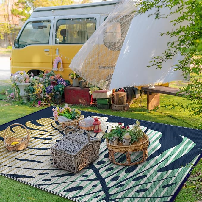 GENIMO Outdoor Rug, Waterproof Plastic Rugs for Patio, 6'x9' Yellow Blue | Outside Larger Leaf Carpet Mat for Porch Decor, Deck, Balcony, Camping, RV, Backyard, Picnic, Beach, Reversible, Foldable