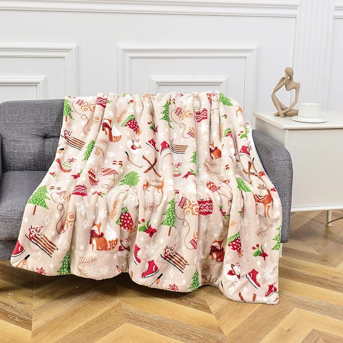 Elegant Comfort Reversible and Ultra-Plush Flannel Fleece-Winter Christmas Sherpa Throw- Lightweight Soft and Cozy-Holiday Decorative Throw, Perfect for Lounging, 50 x 60 inches, Skate and Deers