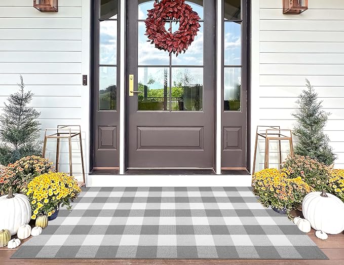 Grey and White Outdoor Rug 3'x 5' Fall Checkered Porch Rug Cotton Woven Washable Layering Door Mats for Welcome Door Mat Porch Entryway Bedroom Living Room