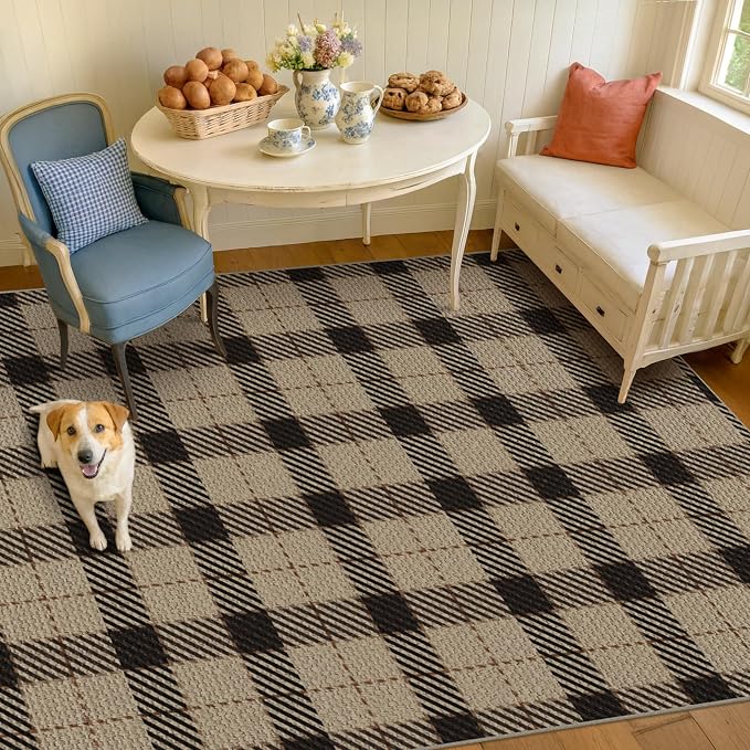 Jute Rug 6x9 for Living Room, Washable Black and Brown Rug for Dining Room, Indoor Outdoor Geometric Non Slip Vintage Farmhouse Carpet for Camping, Classic Beige Plaid Décor