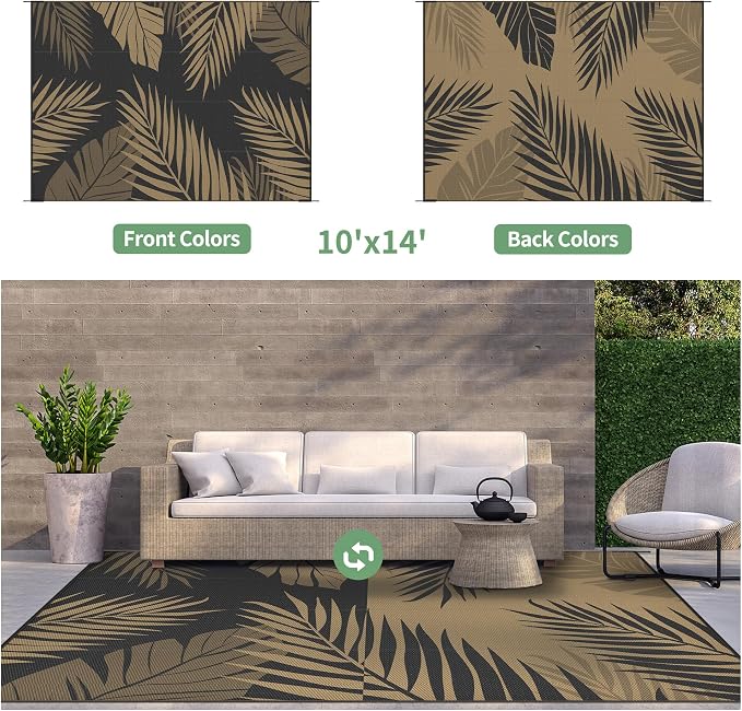 GENIMO Outdoor Rug, Waterproof Plastic Rugs 10'x14' for Camping Black Brown | Outside Larger Leaf Carpet Mat for Porch Decor, Deck, Camping, RV, Backyard, Balcony, Picnic, Beach, Reversible, Foldable
