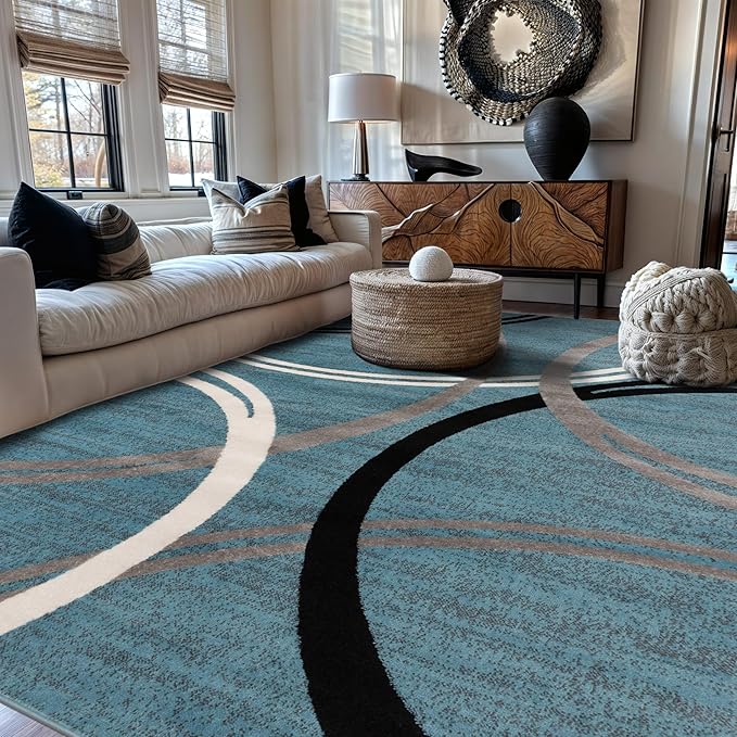 Rugshop Wavy Circles Modern Non-Shedding Area Rug Blue 7'10" x 10'2" | Rectangular, Size 7'10" x 10'2", Living Room, Bedroom, Dining Room, Home Office, Kitchen, Entryway, Hallway, Nursery, Bedside