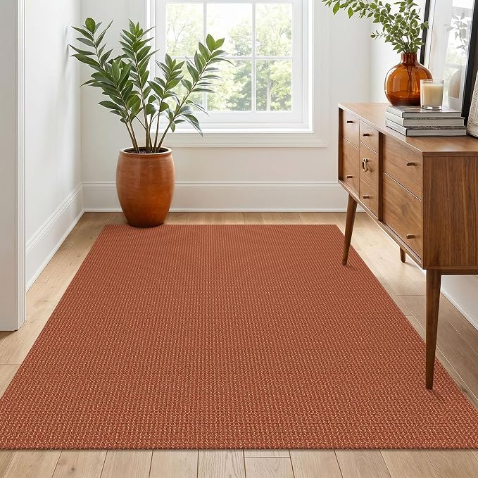 IOHOUZE Washable Area Rug 4x6 Non Slip Rubber Backed Woven Rugs for Entryway Indoor Bedroom Rugs Kitchen Rug Floor Throw Carpet for Entrance Front Door Living Room, Burnt Orange/Tan