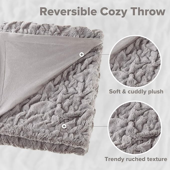 Comfort Spaces Ruched Throw Set Faux Fur Blanket for Sofa, 50 x 60, Grey | Plush, OEKO-TEX Certified