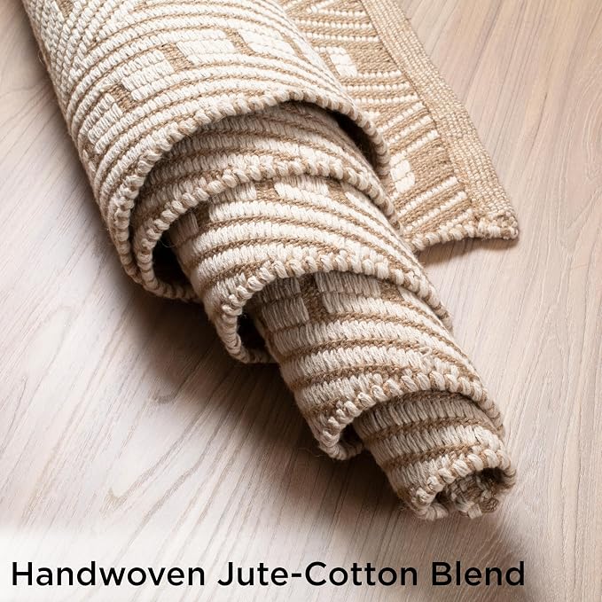 THE BEER VALLEY Jute Cotton Geometric Runner Rug 2x6 Feet - Natural White | Large Boho Kitchen Chevron Runners for Hallways, Easy Care Ivory Beige Laundry Room Rugs