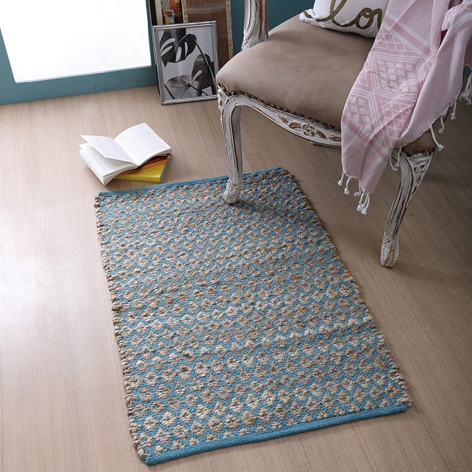 THE BEER VALLEY Jute Cotton Diamond Kitchen Rug 2x3 Feet - Natural Teal | Small Neutral Area Door mat for Entryway, Easy Clean Outdoor Indoor Boho Entry Rugs