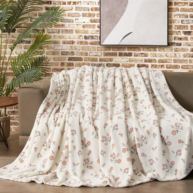 Lucky Brand Daisy Ivory Floral 66"X90" Cozy Plush Blanket - Premium Microfiber Throw for Luxurious Comfort and Style Twin/Twin XL Size
