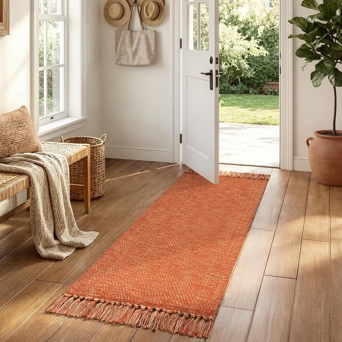 Collive Bathroom Rug 2' x 5', Modern Farmhouse Kitchen Runner Rug Hand-Woven Entryway Rugs Runners for Hallway, Washable Laundry Carpet Indoor Front Door Mat for Bedroom Terracotta Fall Decor