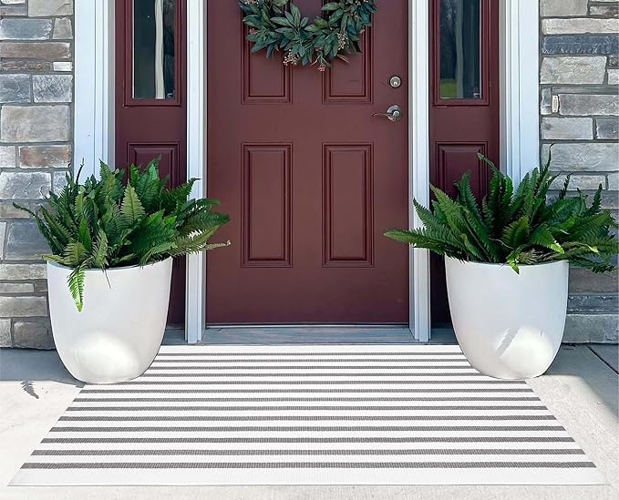 Striped Outdoor Porch Rug 27.5"x43",Farmhouse Grey and White Layered Doormat Cotton Woven Washable Entryway Rug Indoor Outdoor Front Door Mat for Porch/Entryway/Home Entrance Decor