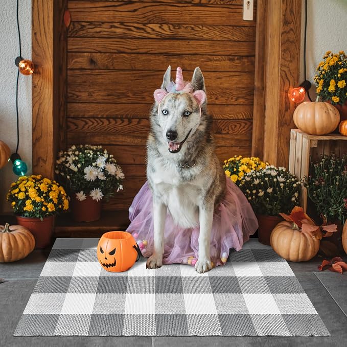 Buffalo Plaid Outdoor Rug 2x3 Cotton Woven Rug Grey and White Checkered Rug Washable Front Porch Fall Layered Door Mats Carpet for Indoor Outdoor Entryway Farmhouse Decor Area Rug