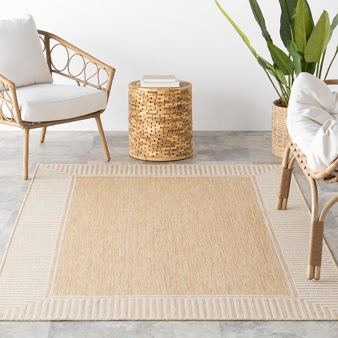Nuloom Asha Tan/Ivory, 4' x 6', Casual, Striped Border, Soft and Cozy, High Traffic, Easy Clean, Durable Area Rug for Indoor/Outdoor Patio, Deck, Porch, Garden, Courtyard