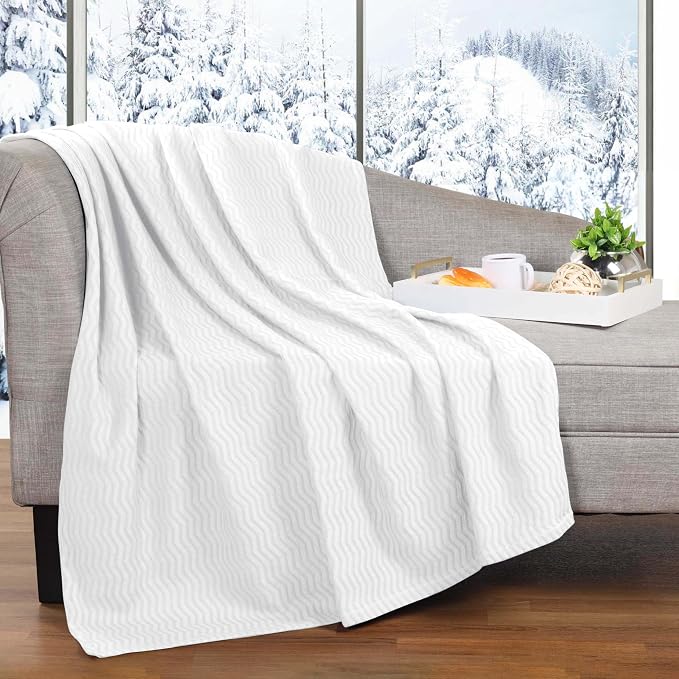 Superior JENA Cotton Blanket, for Picnic, Beach, Traveling or Camping, Bedroom Decor, Essentials, Cover for Bed, Couch, Lounging, Textured Jacquard, Modern Chevron Woven Blanket, Twin, White