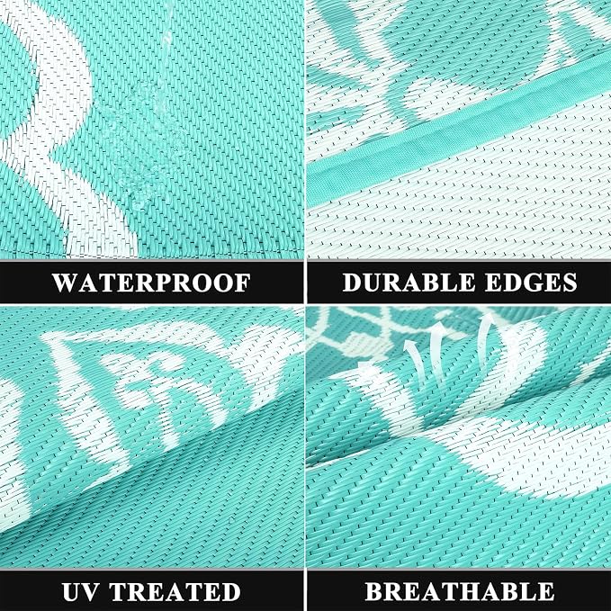 Pauwer Outdoor Rug 8x10, Waterproof Plastic Camping Rug, Boho Light Blue | Reversible Patio Rug, UV Resistant Indoor Outdoor RV Mat Carpet For Deck, Camper, Porch, Balcony, Backyard, Picnic, Foldable