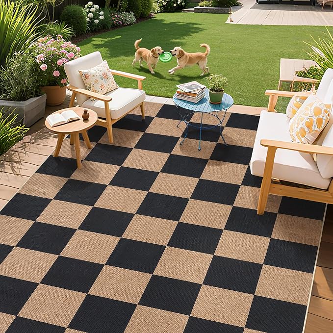 COZYLOOM Washable Rug 6x9 Bedroom Rug Modern Checkered Easy Jute Rugs with Non Slip Backing, Non Shedding Stain Resistant Mats for Dining Room, Living Room, RV, Patio, Brown