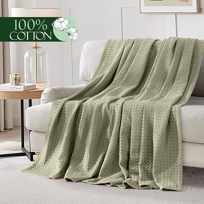 Elegant Comfort Premium 100% Cotton Waffle Blanket - Lightweight Breathable Waffle Weave Bed Blanket - Soft and Warm All Season Blanket for Couch, Sofa and Bed, King Size 90x108 Inches, Sage