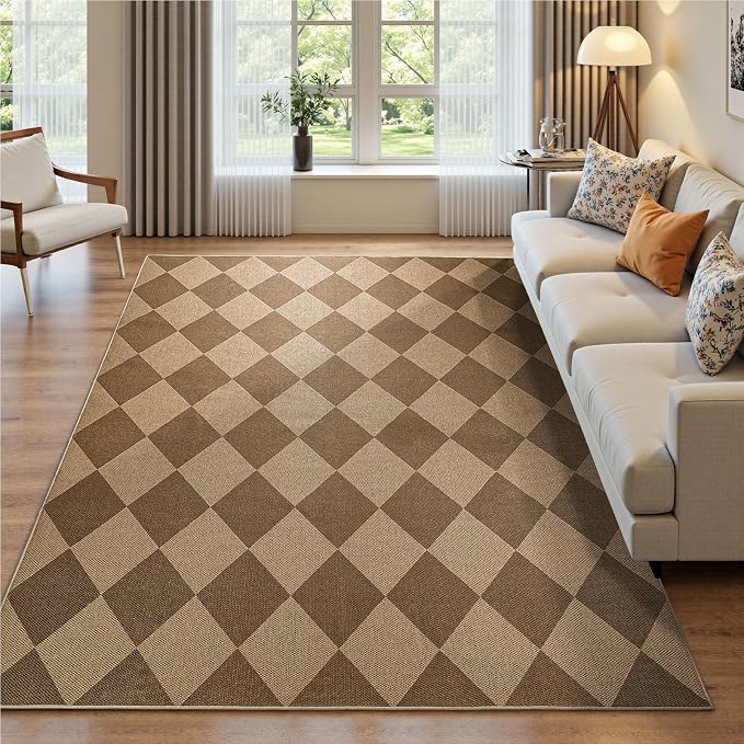 EDIMENS Checkered Easy Jute 5x7 Outdoor Rug Washable Living Room Area Rugs | Brown Non Slip Outdoor Patio Rug Diamond Indoor Black Farmhouse Geometric Carpet for Backyard Front Porch Balcony