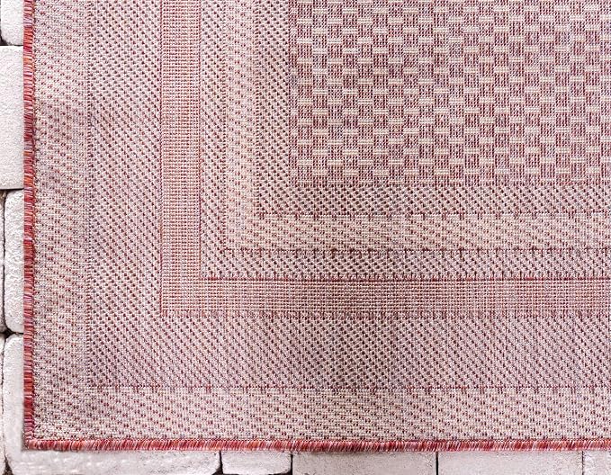 Unique Loom Outdoor Border Collection Area Rug - Soft Border (2' x 6' 1" Runner, Rust Red/ Ivory)