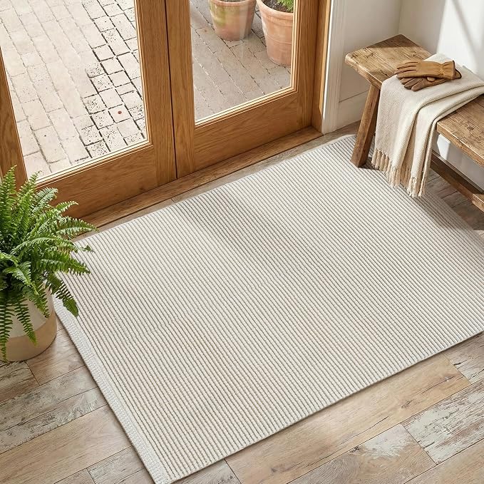 THE BEER VALLEY Woven Entryway Rug 2x3 Feet - Ivory | Non Slip Kitchen Indoor Throw Door Mat for Bedroom, Washable Outdoor Low Pile Patio Cream Rugs