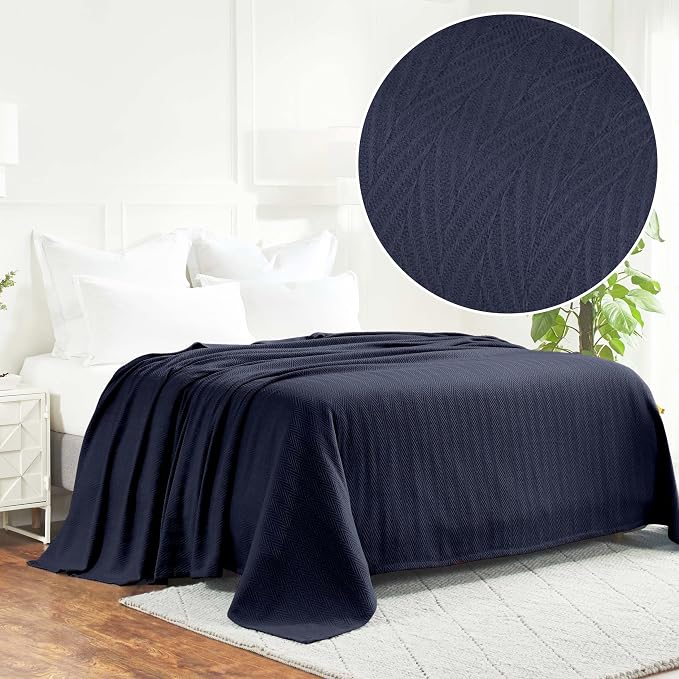 Superior Metro All-Season Cotton Blanket, Woven Blanket for Couch, Bed, Bedding, Farmhouse, Home Essentials, Cute and Cozy Bohemian Blankets, Herringbone Weave, Full/Queen, Navy Blue