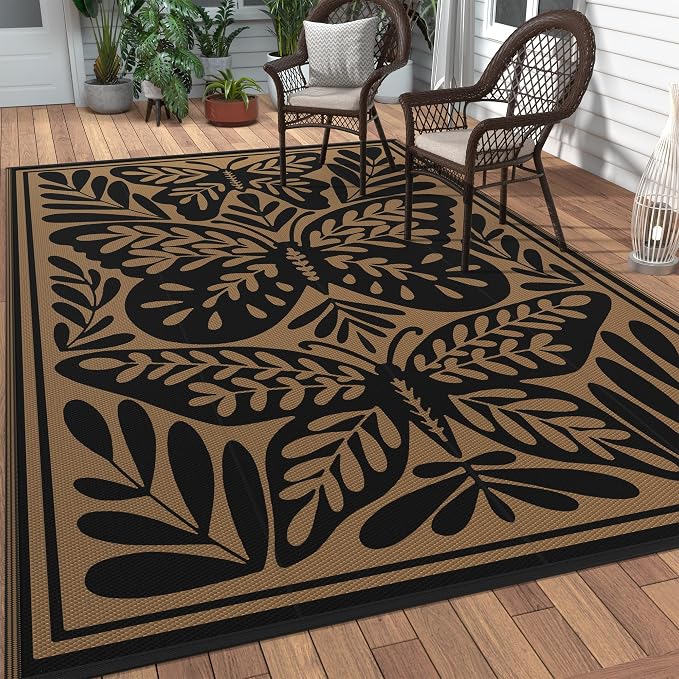 GENIMO Outdoor Rug, Waterproof Plastic Rugs for Patio, 5'x8' Black | Outside Larger Leaf Carpet Mat for Porch Decor, Deck, Balcony, Camping, RV, Backyard, Picnic, Beach, Reversible, Foldable