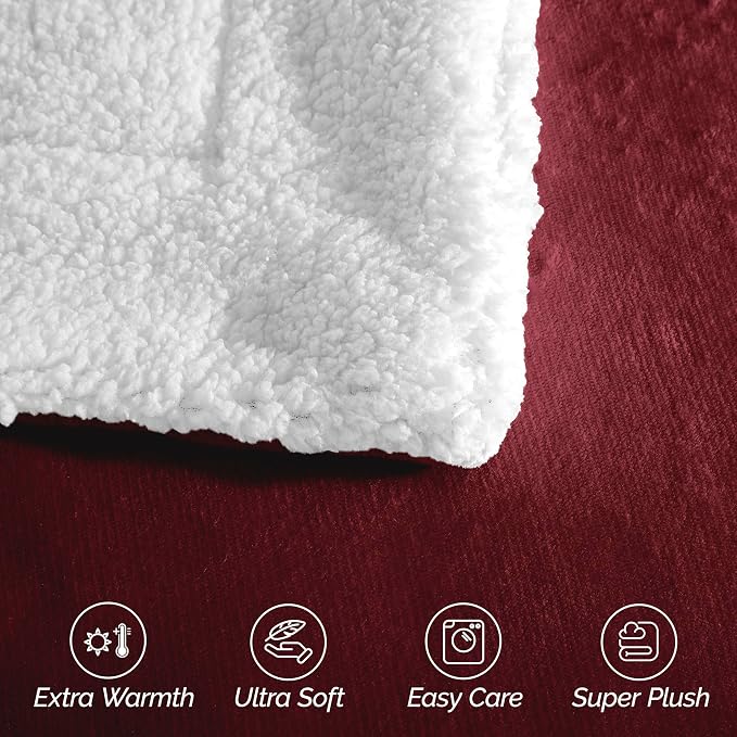 Elegant Comfort Ultra Soft Reversible Flannel Sherpa Blanket - Cozy Silky Fleece Throw for Couch, Bed - Plush Fuzzy Warm Winter Blanket for Gift, Twin, Burgundy