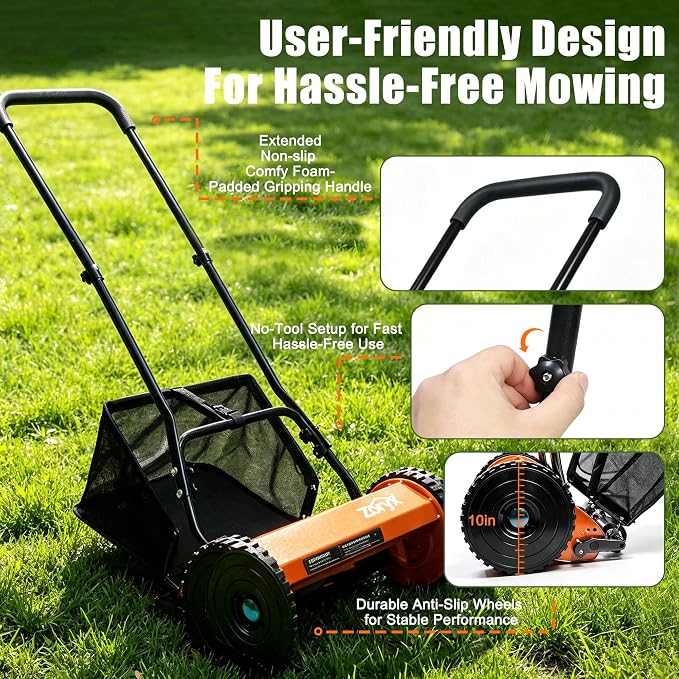 Zoryx 14-Inch 5-Blade Push Reel Lawn Mower, Manual Reel Walk Behind Mower with 5-Position Height Adjustment, Alloy Steel Blades, Quiet, Lightweight, Motorless for Small Yard