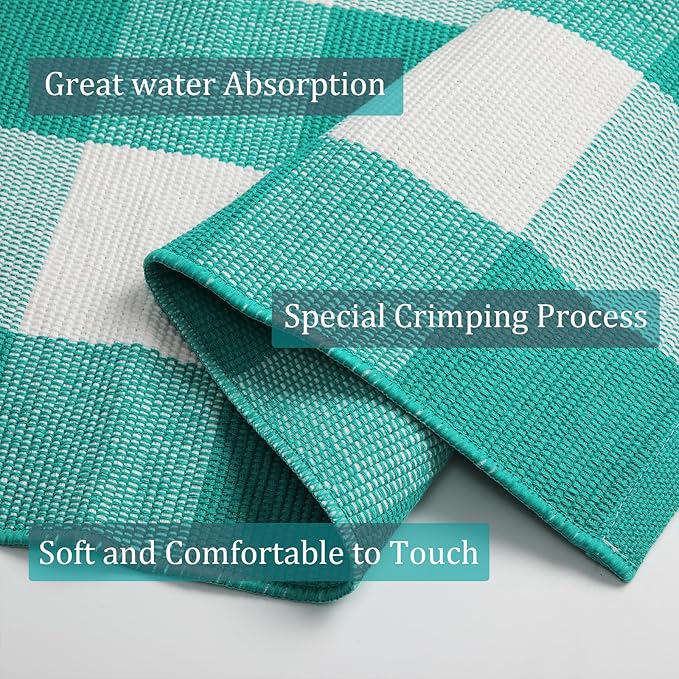 Buffalo Plaid Outdoor Rug 3x5 Ft Teal Green and White Checkered Area Rug Washable Doormats Indoor Outdoor Rugs for Layered Front Door Mats, Porch, Entryway, Kitchen, Farmhouse